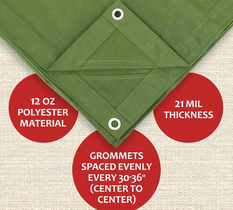 Olive Green 12x16 Tarp, 12 Oz Polyester Heavy Duty, features corner grommets and labeled material thickness, finished size 12' x 16'.