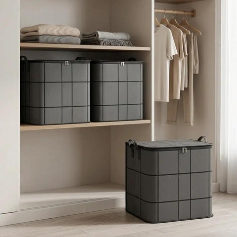 Heavy Duty Nonwoven Storage Bins Three Pack With Sturdy Handles Hella Spacious Fit For King Size Quilts Winter Layers Seasonal Closet Swaps Moving Day Hustle Solid Gear No Drama Organization in a closet.