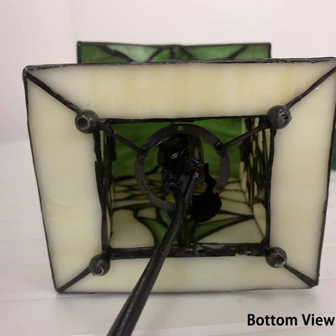 Bottom view of Handmade Tiffany Style Stained Glass Birdhouse Table Lamp With Sunflower Design For Home Decor 7 Inch High