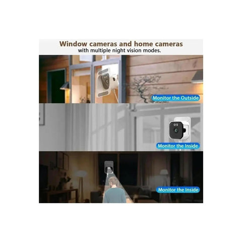 Hella Crisp 2K Cube Security Camera With Window Lens And Dual Band WiFi Live View AI Human Detection Full Color Night Vision mounted by window for outside monitoring.