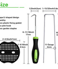 Diagram showing Heavy Duty 6 Inch Garden Landscape Staples U Shaped 11 Gauge Galvanized Pins With 50 Staples And 50 Gasket Washers, dimensions noted.