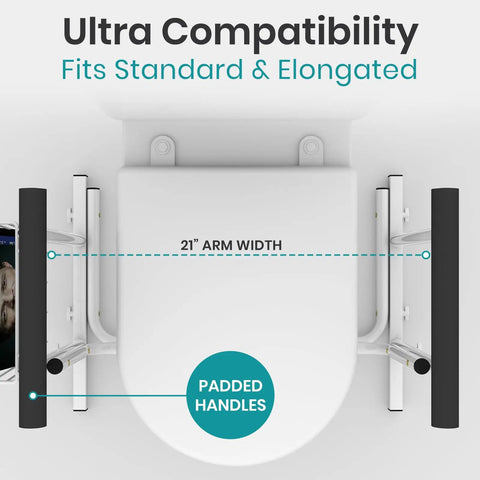 Heavy Duty Toilet Safety Rail With Arms Providing Top Shelf Bathroom Support shown with 21" arm width and padded handles.