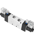 Rock Solid Pneumatic Solenoid Air Valve 3 Position 5 Way DC24V with aluminum body and clear solenoid on both ends.