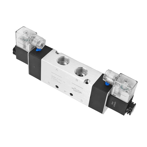 Rock Solid Pneumatic Solenoid Air Valve 3 Position 5 Way DC24V with aluminum body and clear solenoid on both ends.