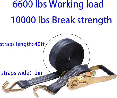 Two Pack Heavy Duty Ratchet Straps With 8000 Lbs Break Strength, 2 Inch By 40 Foot Black Tie Down Straps With Durable Double J Hooks.
