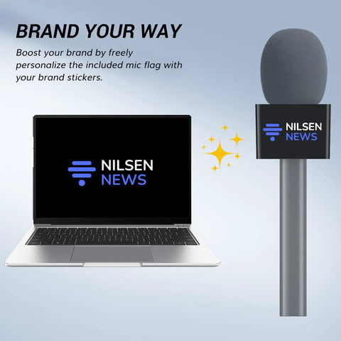 Super Smooth Grip Handheld Adapter For Wireless Lavalier Mics In A Solid Twin Pack Setup Compatible With Dji Rode And Hollyland Gear, with personalized mic flag next to laptop.