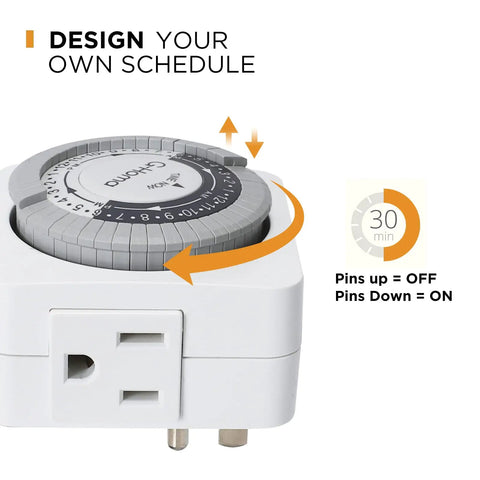 24 Hour Plug In Mechanical Outlet Timers 4 Pack Dead Simple 30 Minute Interval Scheduling Smooth daily controls with pin settings.