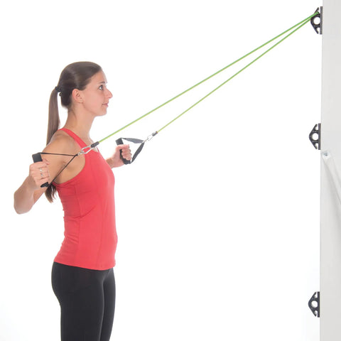 Stellar Resistance Band Wall Anchor Kit For Home Gym And Physical Therapy featuring a woman using green resistance bands against a wall.