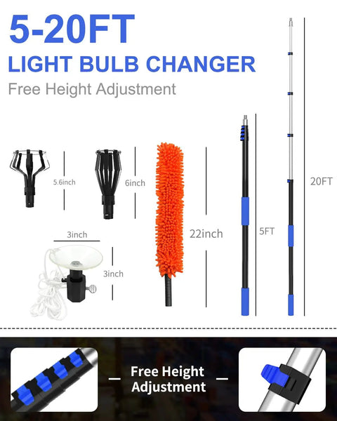 Rock Solid Telescopic Light Bulb Changing Pole With Strong Suction Grip And Swappable Baskets For High Ceilings And Recessed Lighting Built Tough For Dead Simple Twisting Up To Twenty Six Feet Long parts displayed, including different reach attachments.