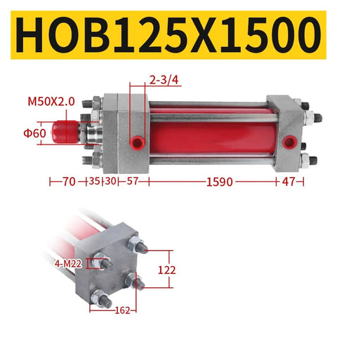 Bidirectional Pull Rod Hydraulic Cylinder Set HOB125X50 To HOB125X1500 with detailed dimensions and steel construction.