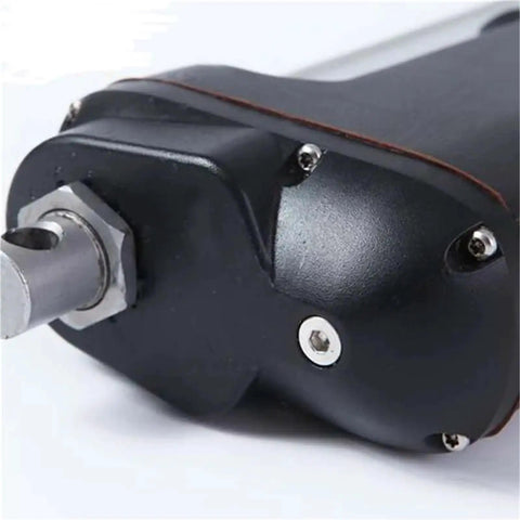 Close-up of Rock Solid Heavy Duty Linear Actuator With Stainless Steel Body Delivers Serious Kick At Six Thousand Five Hundred Pounds Of Pull For Any Rig 24Vdc Powered Four Fifty Millimeter Stroke Moves Quick, showcasing metal housing and shaft.