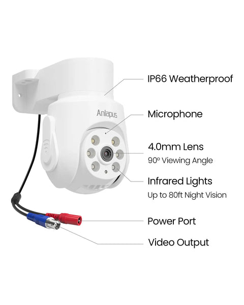 Hardcore 4K Pan Tilt Wired Security Camera Add On with IP66 rating, 4.0mm lens, microphone, and infrared night vision features.