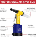 Heavy Duty Pneumatic Rivet Gun With Four Swappable Nozzles For Aluminum Steel Iron Fasteners showing nozzles, trigger, and cylinder.