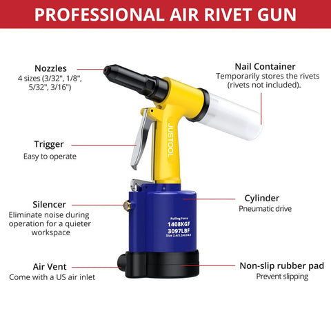 Heavy Duty Pneumatic Rivet Gun With Four Swappable Nozzles For Aluminum Steel Iron Fasteners showing nozzles, trigger, and cylinder.