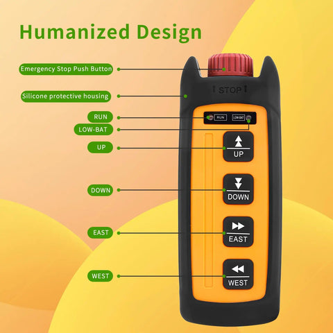 Compact Ergonomic Industrial Wireless Crane Remote Control 110V Heavy Duty Hoist Winch Transmitter front view with buttons labeled
