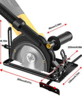 Heavy Duty Angle Grinder Bracket With Integrated Dust Collection System For Smooth Bevel Adjustments Up To Forty Five Degrees, close-up view with measurements.
