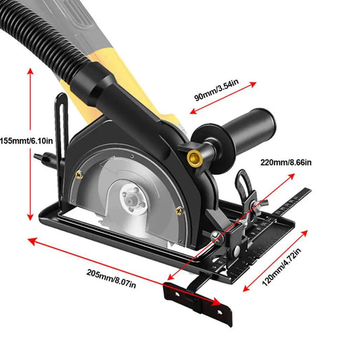 Heavy Duty Angle Grinder Bracket With Integrated Dust Collection System For Smooth Bevel Adjustments Up To Forty Five Degrees, close-up view with measurements.