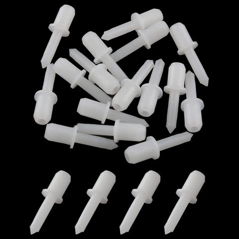 Heavy Duty Nylon Shutter Pins 20 Pack Replacement Louver Repair Clips For Window Blinds, white plastic clips grouped together.