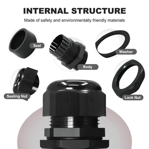 Six Pack One Half Inch NPT Black Adjustable Cable Glands IP68 Waterproof Electrical Connectors Nylon Cord Grips Strain Relief For Electrical Boxes No Fuss Install showing seal, body, washer, lock nut