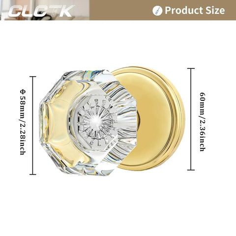4 Pack Glass Dummy Door Knobs For Single Side Use, showing dimensions and polished brass gold finish, ideal for interior doors