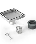 Kickass Square Shower Drain Six Inch 304 Stainless Steel Floor Grate with drain basket and hook for easy maintenance.