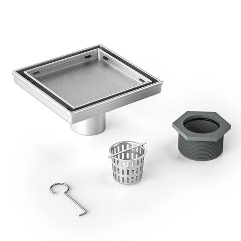 Kickass Square Shower Drain Six Inch 304 Stainless Steel Floor Grate with drain basket and hook for easy maintenance.