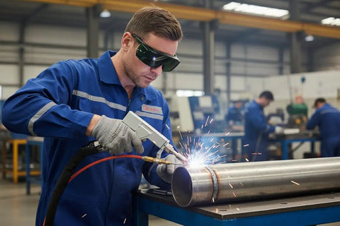 Heavy Duty Laser Safety Glasses For Handheld Welding And Fiber Laser Use Badass Eye Armor worn by a worker welding metal pipe.
