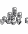 Assorted stainless steel hex socket grub screws with flat points; fine thread, sizes M6–M16