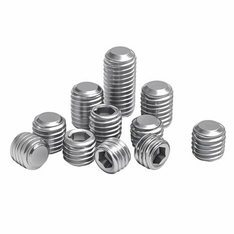 Stainless steel hex socket grub screws, flat-point, set of assorted sizes (M6–M16)