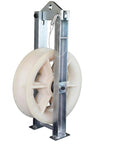 Railway Cable Pulley Block Featuring Slick Nylon Wheel And Hella Sturdy Galvanized Steel Channel Housing For Smooth Overhead Line Tracking And Heavy Wire Pulling Tasks, side view showing nylon wheel and steel frame.