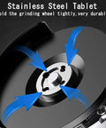 Hella Tough Corded Angle Grinder Designed For Badass Cutting Grinding And Polishing On Metal Wood Stone And Jade With Smooth Speed Control And Built In Cooling showing stainless steel tablet holding grinding wheel.