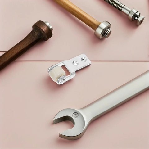 Heavy Duty Nylon Slider Replacement Kit Features Five Precision Track Rollers on a pink surface with tools.