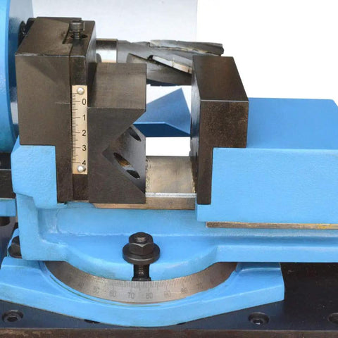 Close-up of Heavy Duty 1.5 HP Electric Pipe Notcher With V Block Rotary Vise for precise cutting of copper and steel tubing.