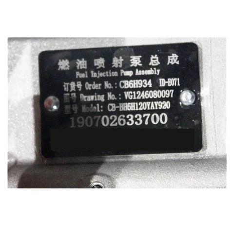 Label on Top Shelf Heavy Duty Fuel Injection Pump For Big Rigs showing model and drawing number for identification.