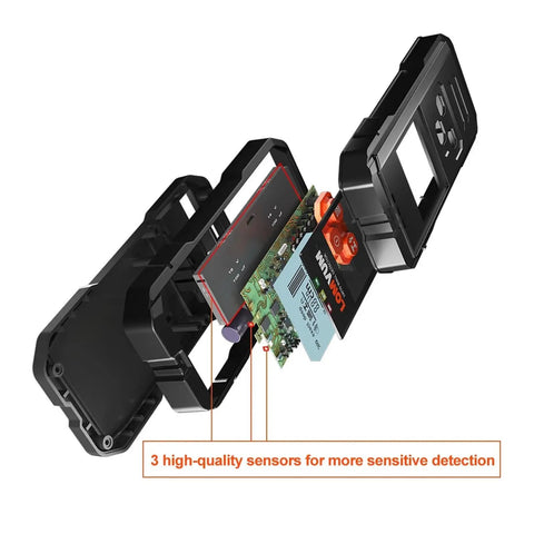 Rock Solid Black Metal Detector And Stud Finder With Hd Backlit Lcd Screen showing 3 high-quality sensors for enhanced detection.