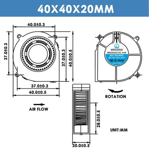 Technical diagram of Top Shelf 4020 Blower Fan 5V 2Pin Cooling Vent For 3D Printer Extruder Hotend And Hobby Gear 40Mm X 20Mm.