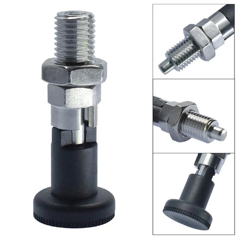 Grit Proof Stainless Steel Indexing Plunger Featuring A Rock Solid Spring Lock And Smooth Hex Adjustment Knob, side view with threaded section and black knob.