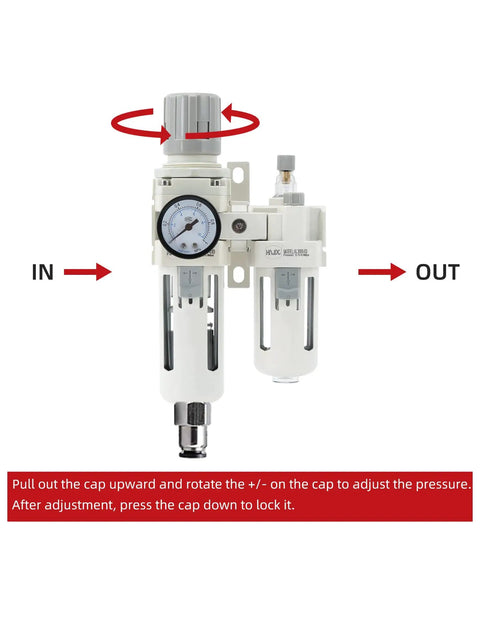 Three Eighth Inch PT NPT Compressed Air Filter Regulator Lubricator Combo With Water And Oil Trap Separator And Automatic Drainage For Industrial Air Systems AC3010-03D front view with adjustment instructions.