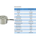 Compact Load Cell With Built In Indicator Display For Small Space Control Systems Offering Weight Tension And Compression Sensing In One Unit With 20 Kg Capacity Perfect For Factory Automation And Tight Space Applications No Fuss Setup beside technical specifications chart