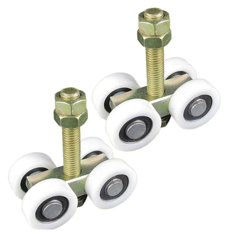 Rock Solid Heavy Duty Sliding Door Pulley System With Tough Nylon Roller Wheels And Quiet Track Bearing Includes One Meter Steel Rail For Smooth As Silk Glide Operation showing nylon roller wheels with steel hardware.