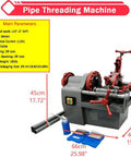 Industrial Strength Electric Pipe Threading Machine And Cutter Tool 1/2 To 2 Inch Npt Dies 110V showing 750W motor and pipe attachments.