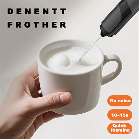 Handheld Milk Frother With Cover, 15 Second Silent Drink Mixer, in use foaming milk in a white mug