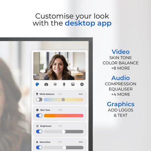 ProMini 4K Eye Contact Webcam app interface for adjusting video and audio settings on laptops and small screens for Zoom video calls.