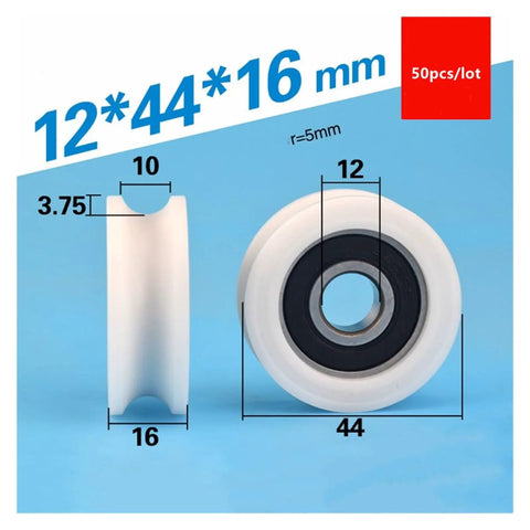 10 Pack U Groove Plastic Coated 6201 Bearings 12 mm Bore 44 mm Diameter Pom Nylon Pulley Wheels on blue background.