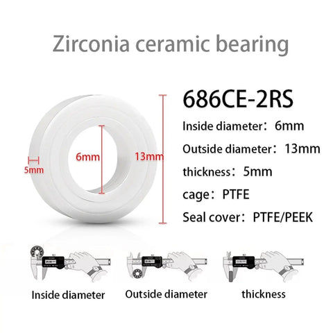 ZrO2 Zirconia Ceramic Ball Bearing 686 2RS Double Seal Miniature 6X13X5mm with measurements shown.
