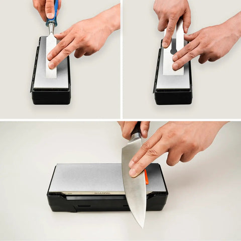 Double Sided Diamond Sharpening Stone With Coarse 325 Grit And Extra Fine 1200 Grit For Fast Edge Setting in use sharpening knife