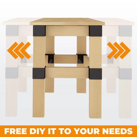 Heavy Duty Workbench Bracket Kit 12 Pc Three Way Right Angle Corner Braces For DIY Built To Last For Standard 2x4 Lumber Actual One And A Half By Three And A Half Inches Steel Frame Building Plates For Workbench Table Shelving Garage Storage shown assembled on light wood frame with orange DIY text.