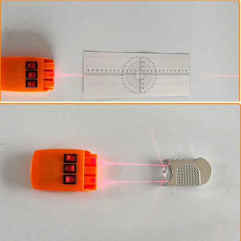 Pro Grade Optical Bench Set For Physics Classrooms Loaded With Heavy Duty Stands Clear Lenses And Bright LED Light Sources showing orange laser device on measurement paper.