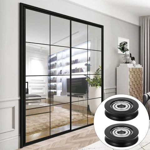 4 Pack Slick Nylon U Wheel Guide Pulley Rollers For Heavy Duty Sliding Closet Doors shown with stylish mirrored closet.