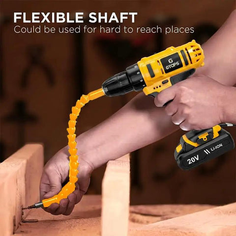 Rock Solid 20V Cordless Impact Drill Kit Featuring Knockout Power And Variable Speed Settings 18 Plus 1 Torque Adjustments Compact Build Including Battery And Charger For Daily Diy Tasks And Home Repair Hustles using flexible shaft on wood.